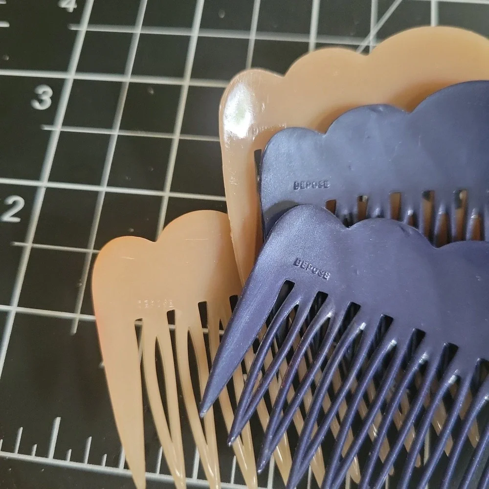 Depose French Hair Side Combs Set of 6 Scalloped‎ Plastic Burgandy Blue Tan